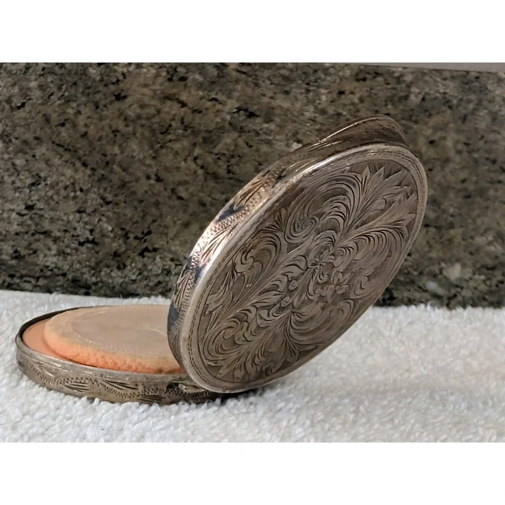 Vintage Engraved Silver Metal Compact Mirror With Pressed Powder Ornate Floral - Picture 14 of 16